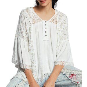 POL VNECK TOP HOODIE LIGHTWEIGHT WHITE W/PINK FLOWERS SO NICE!